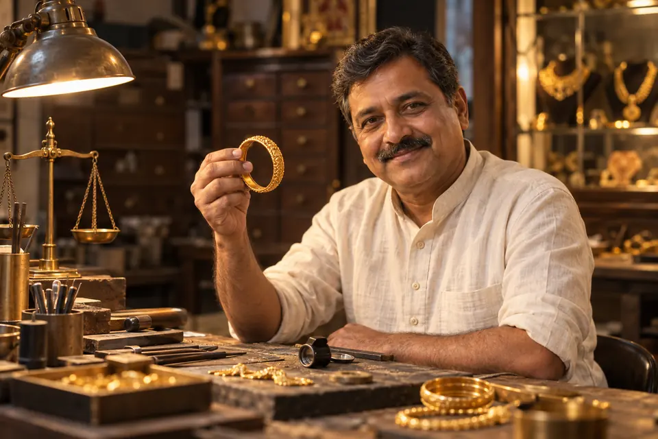 Indian jeweller in his workshop holding a gold bangle