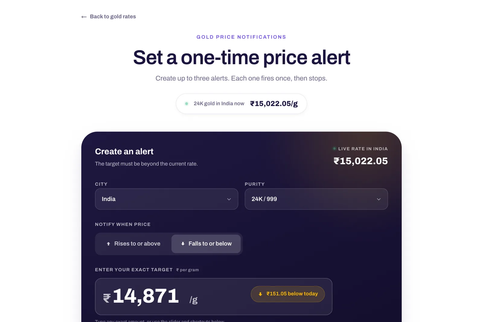 The Spare8 gold price alert page for setting a one-time target rate