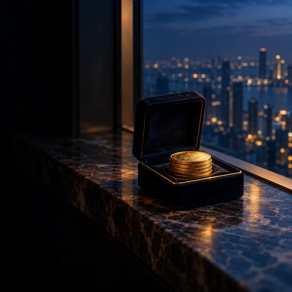 A small stack of 24K gold coins in an open velvet box on a marble sill above the city at night