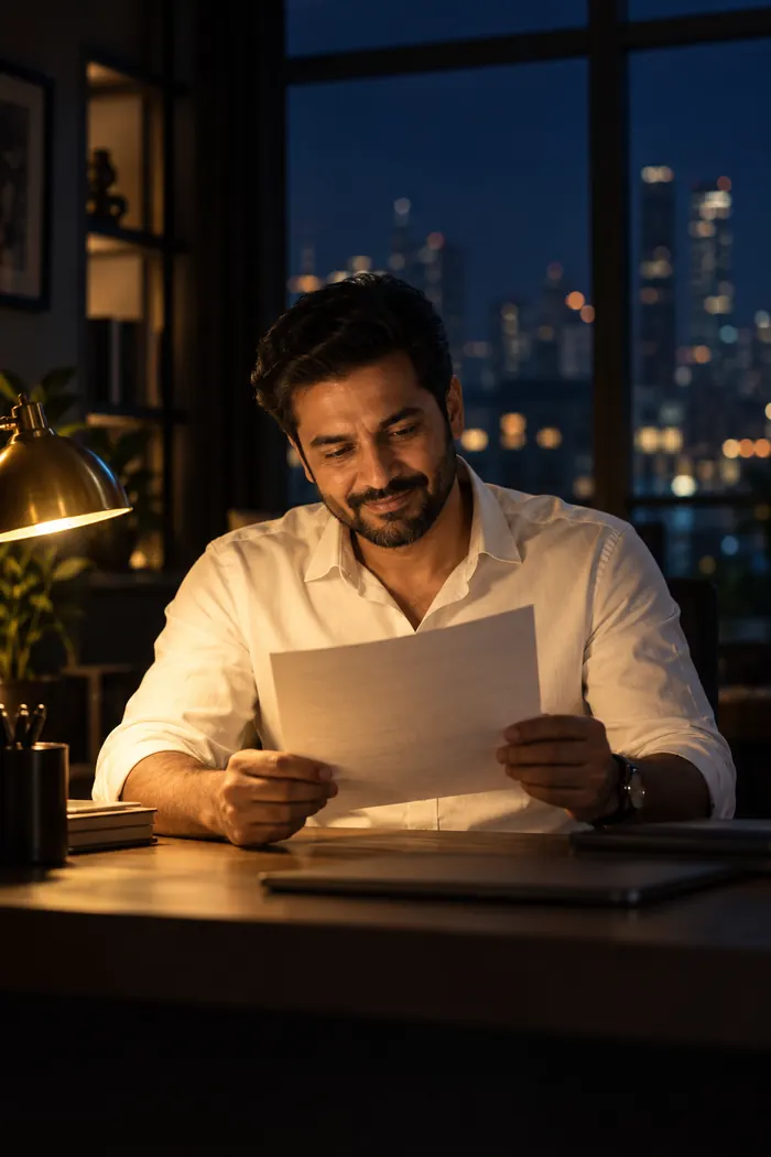 Indian man reviewing a document at his desk in the evening