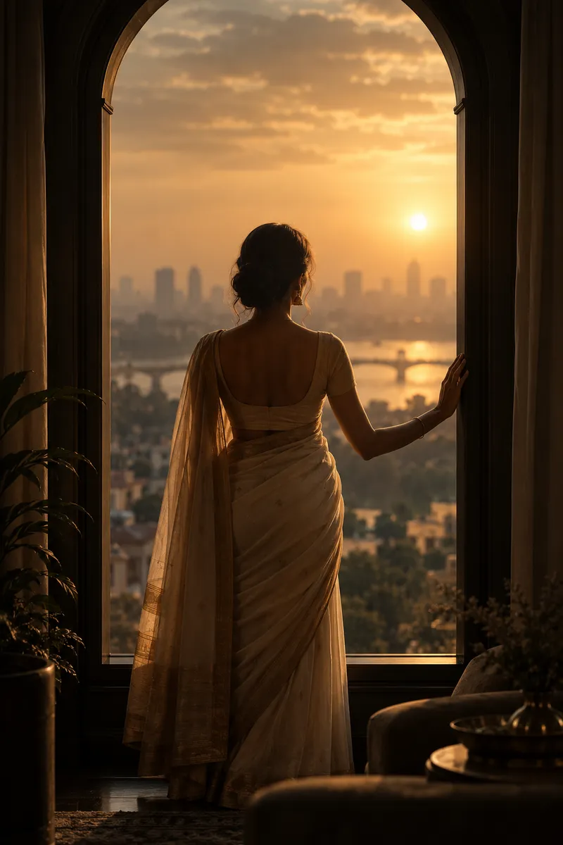 Woman in a saree looking out of a window at golden hour