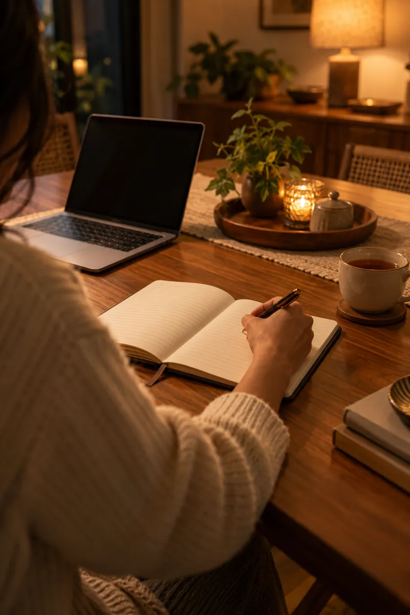 Planning retirement savings in a notebook at home in the evening