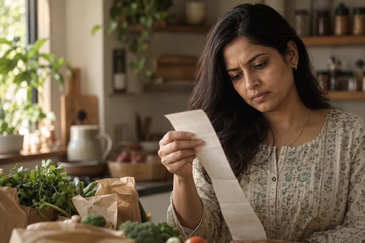 Woman checking a long grocery receipt at her kitchen counter