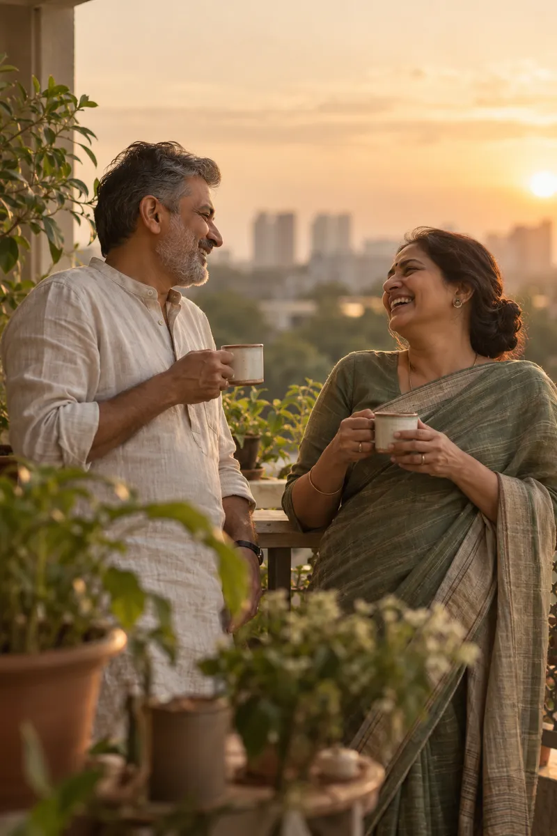 Couple sharing chai on their balcony at golden hour