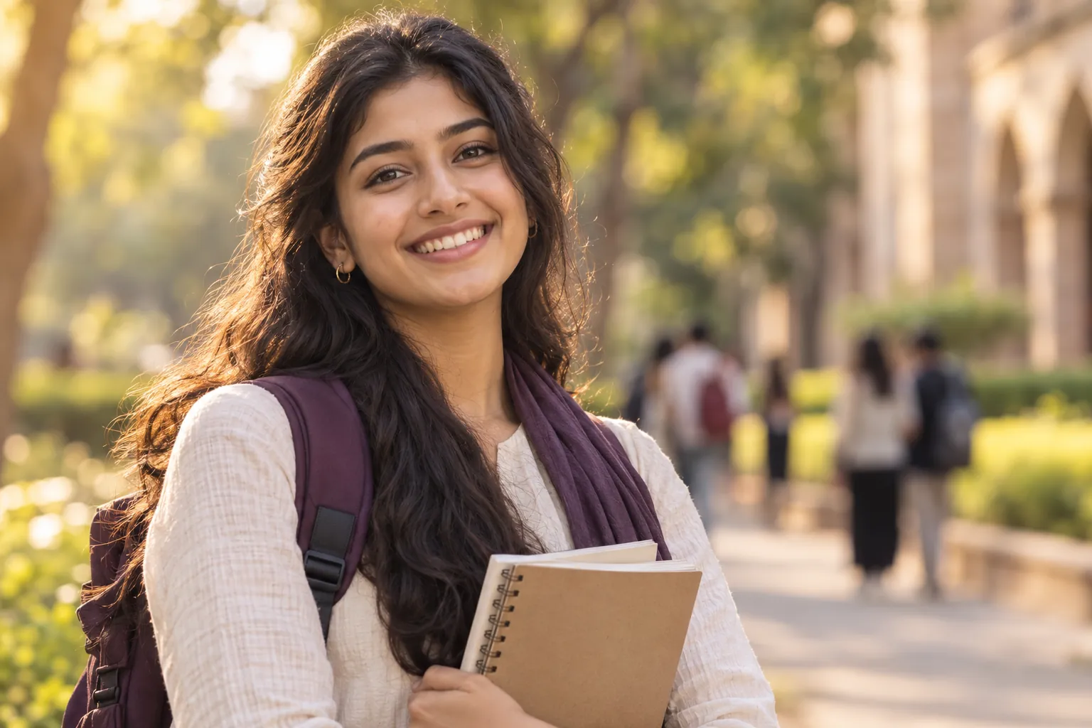 Indian college student with a backpack and notebook on a sunlit campus