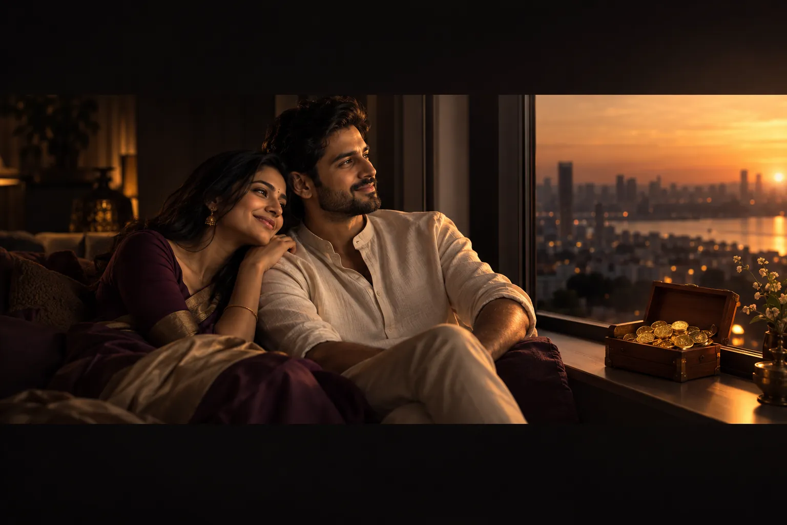 Young Indian couple relaxing by a sunlit window with a small box of gold coins