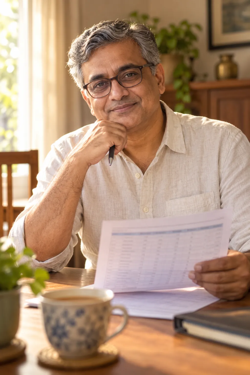 Indian man reviewing his monthly budget and savings passbook at home