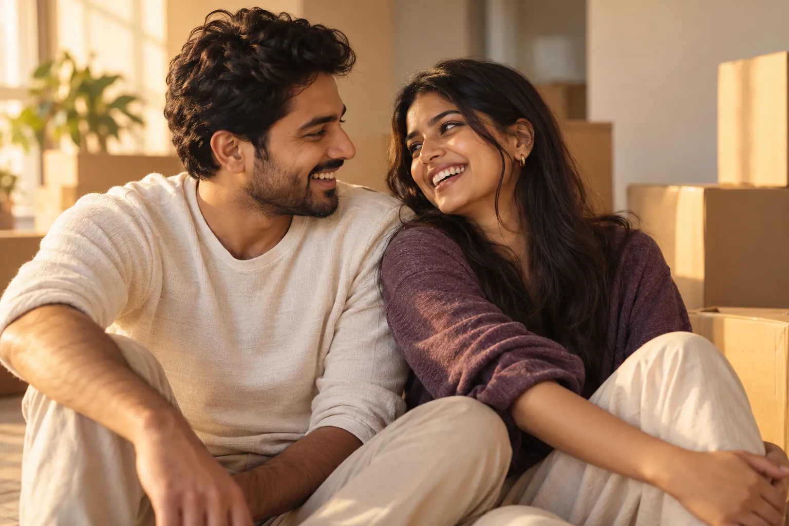 Young Indian couple laughing together while unpacking boxes in their new home