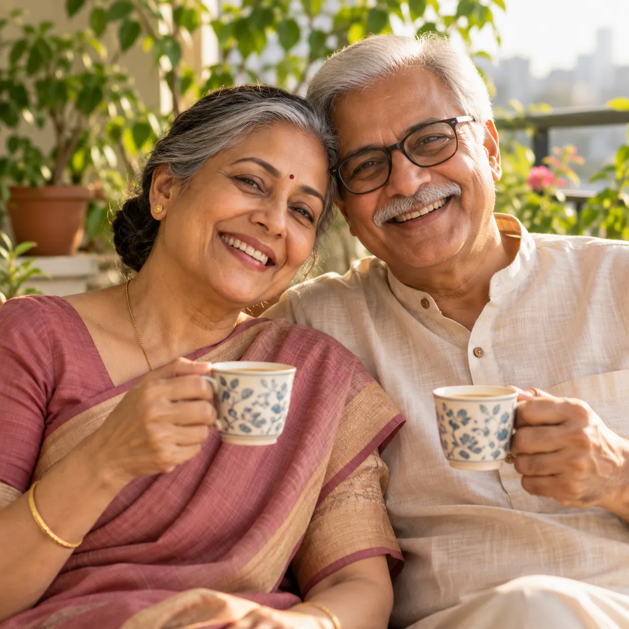 Stylish early-retired Indian couple sharing chai together on a sunlit balcony