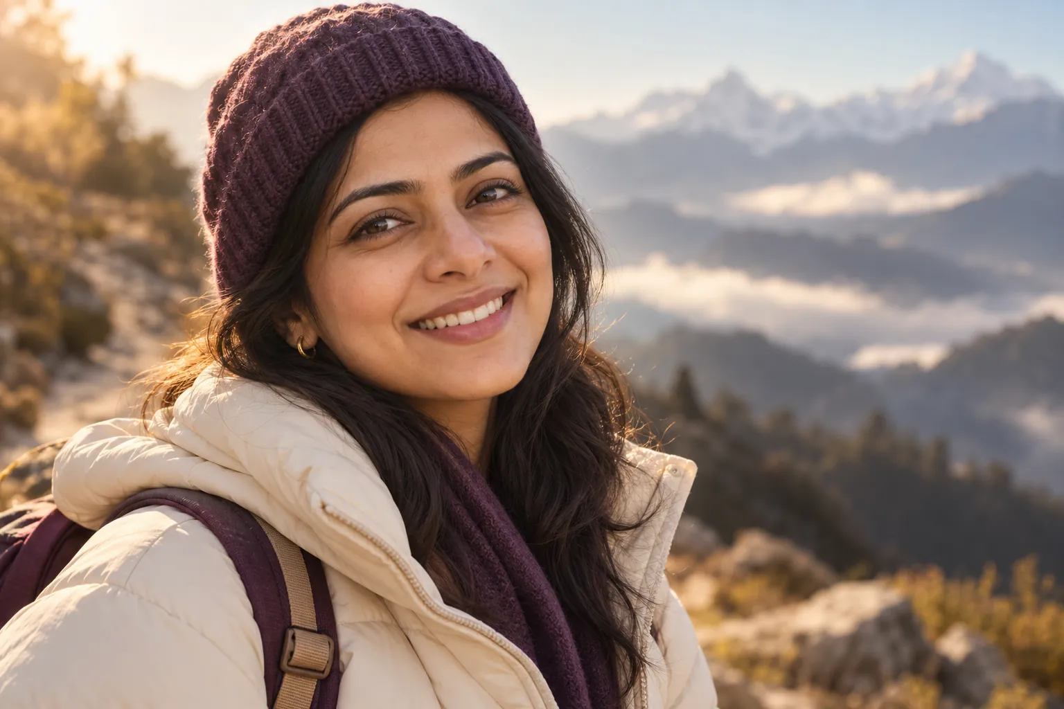 Indian woman on a career break hiking a sunlit Himalayan trail