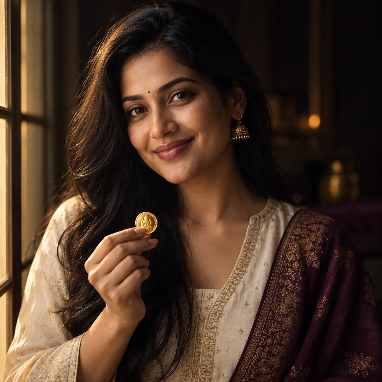 Confident Indian woman holding a small 24K gold coin by a sunlit window